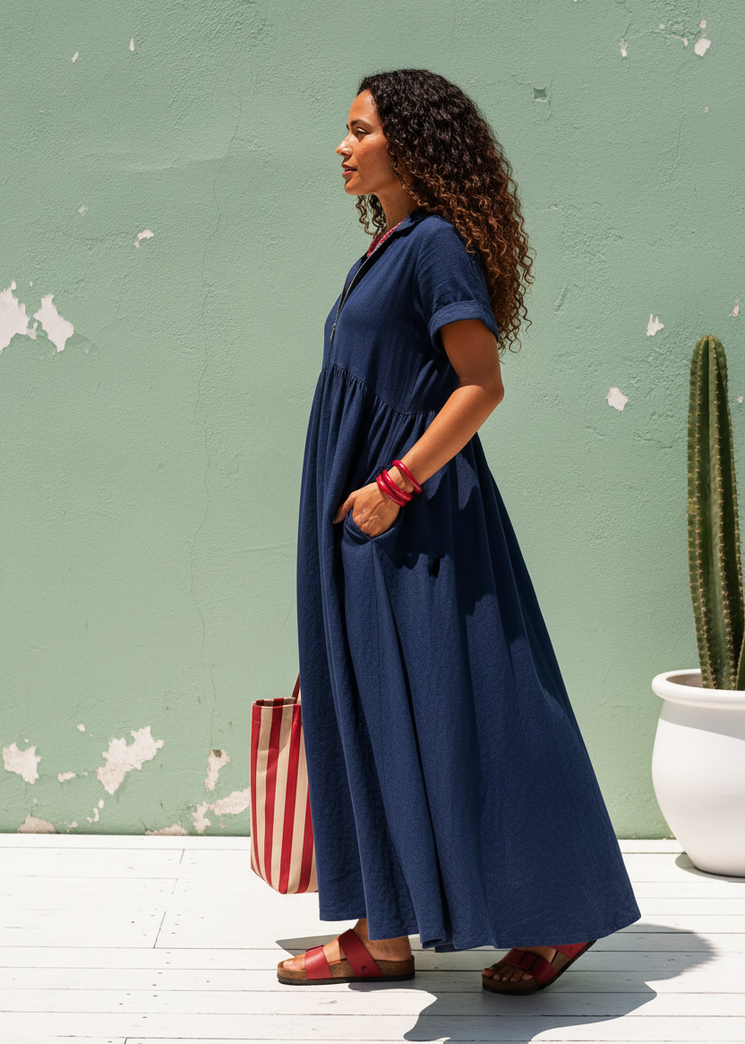 V Neck Maxi Dress with Zip Front & Pockets - Navy-Zeemara