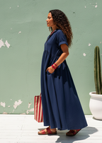 V Neck Maxi Dress with Zip Front & Pockets - Navy-Zeemara