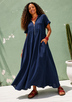 V Neck Maxi Dress with Zip Front & Pockets - Navy-Zeemara