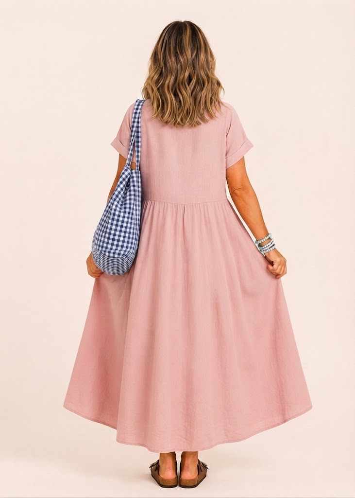 V Neck Maxi Dress with Zip Front & Pockets - Pink-Zeemara