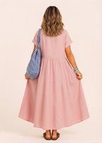 V Neck Maxi Dress with Zip Front & Pockets - Pink-Zeemara