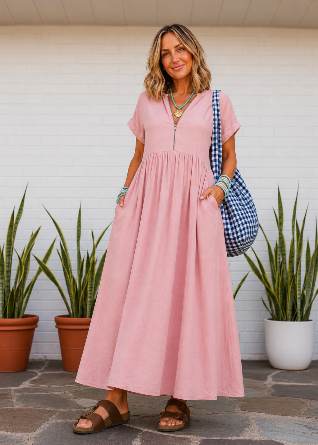 V Neck Maxi Dress with Zip Front & Pockets - Pink-Zeemara