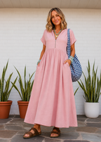 V Neck Maxi Dress with Zip Front & Pockets - Pink-Zeemara