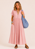 V Neck Maxi Dress with Zip Front & Pockets - Pink-Zeemara