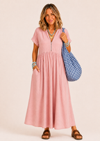V Neck Maxi Dress with Zip Front & Pockets - Pink-Zeemara