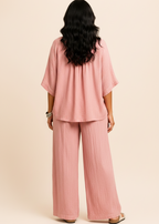 V-Neck Relaxed Linen Blend Pants Set - Blush-Zeemara