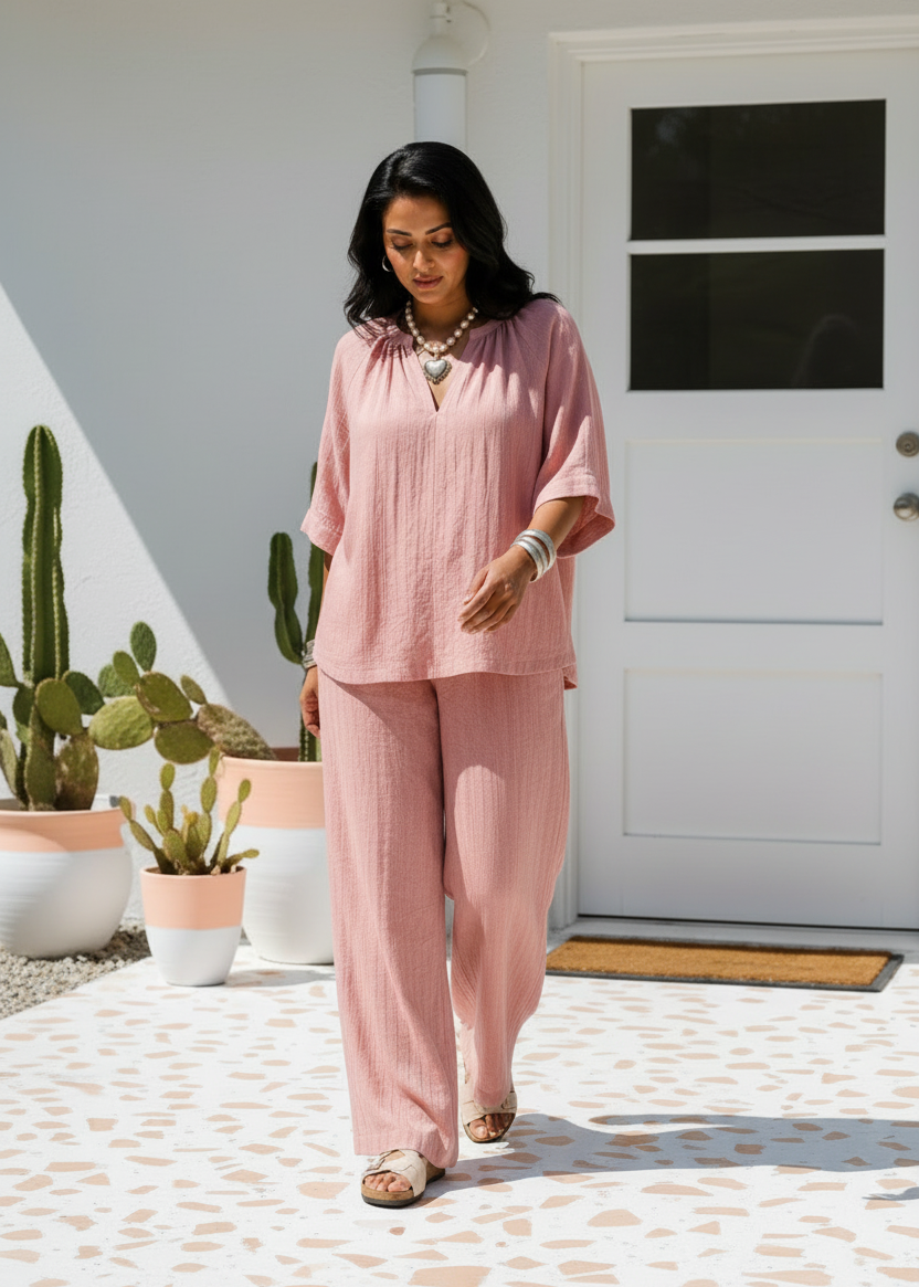 V-Neck Relaxed Linen Blend Pants Set - Blush-Zeemara