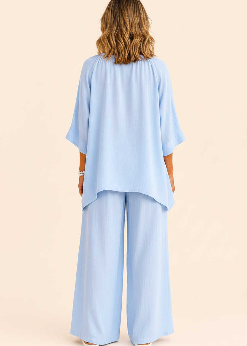 V-Neck Relaxed Linen Blend Pants Set - Light Blue-Zeemara