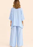 V-Neck Relaxed Linen Blend Pants Set - Light Blue-Zeemara