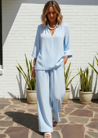 V-Neck Relaxed Linen Blend Pants Set - Light Blue-Zeemara