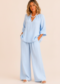 V-Neck Relaxed Linen Blend Pants Set - Light Blue-Zeemara