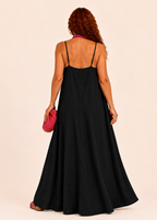 V Neck Spaghetti Strap Maxi Dress with Pockets - Black-Zeemara