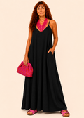 V Neck Spaghetti Strap Maxi Dress with Pockets - Black-Zeemara