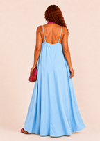 V Neck Spaghetti Strap Maxi Dress with Pockets - Light Blue-Zeemara