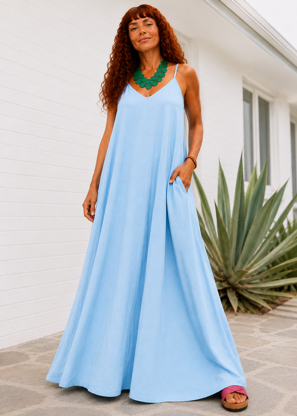 V Neck Spaghetti Strap Maxi Dress with Pockets - Light Blue-Zeemara