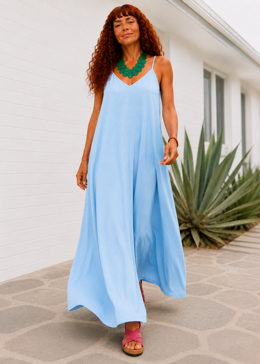 V Neck Spaghetti Strap Maxi Dress with Pockets - Light Blue-Zeemara