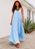 V Neck Spaghetti Strap Maxi Dress with Pockets - Light Blue-Zeemara