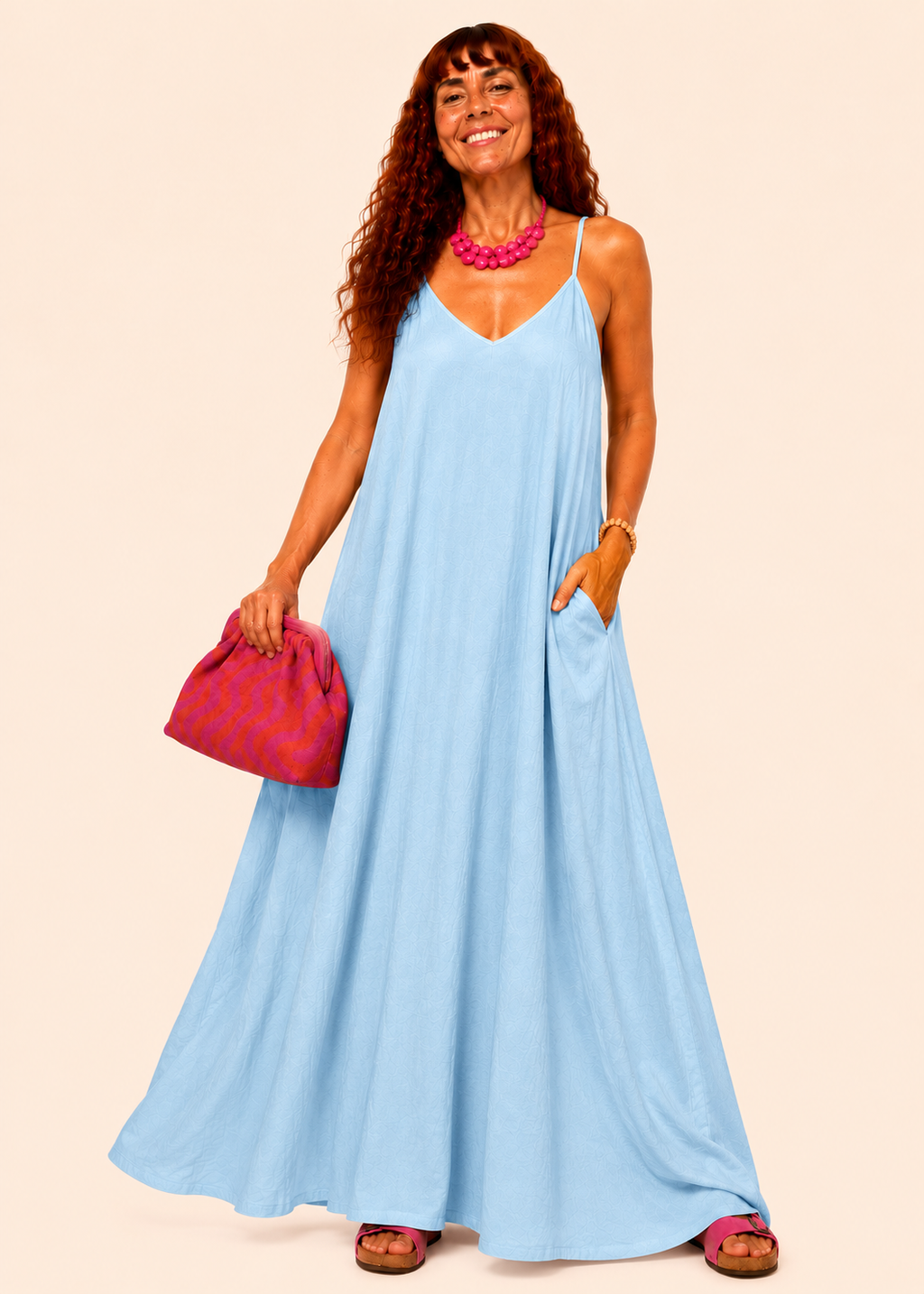 V Neck Spaghetti Strap Maxi Dress with Pockets - Light Blue-Zeemara