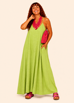 V Neck Spaghetti Strap Maxi Dress with Pockets - Lime-Zeemara