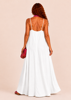 V Neck Spaghetti Strap Maxi Dress with Pockets - White-Zeemara