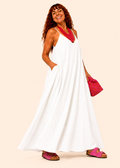 V Neck Spaghetti Strap Maxi Dress with Pockets - White-Zeemara