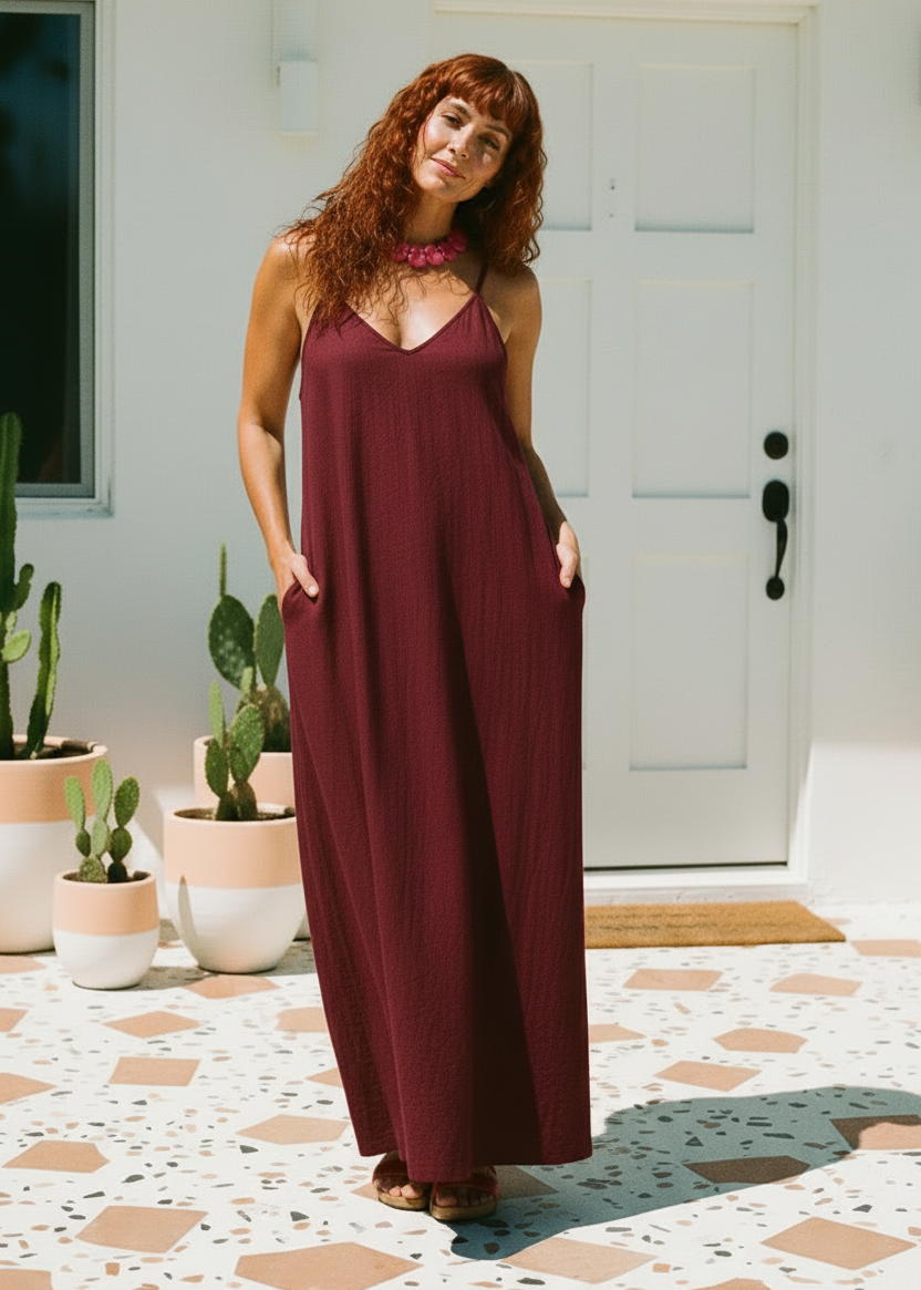 V Neck Spaghetti Strap Maxi Dress with Pockets - Wine-Zeemara