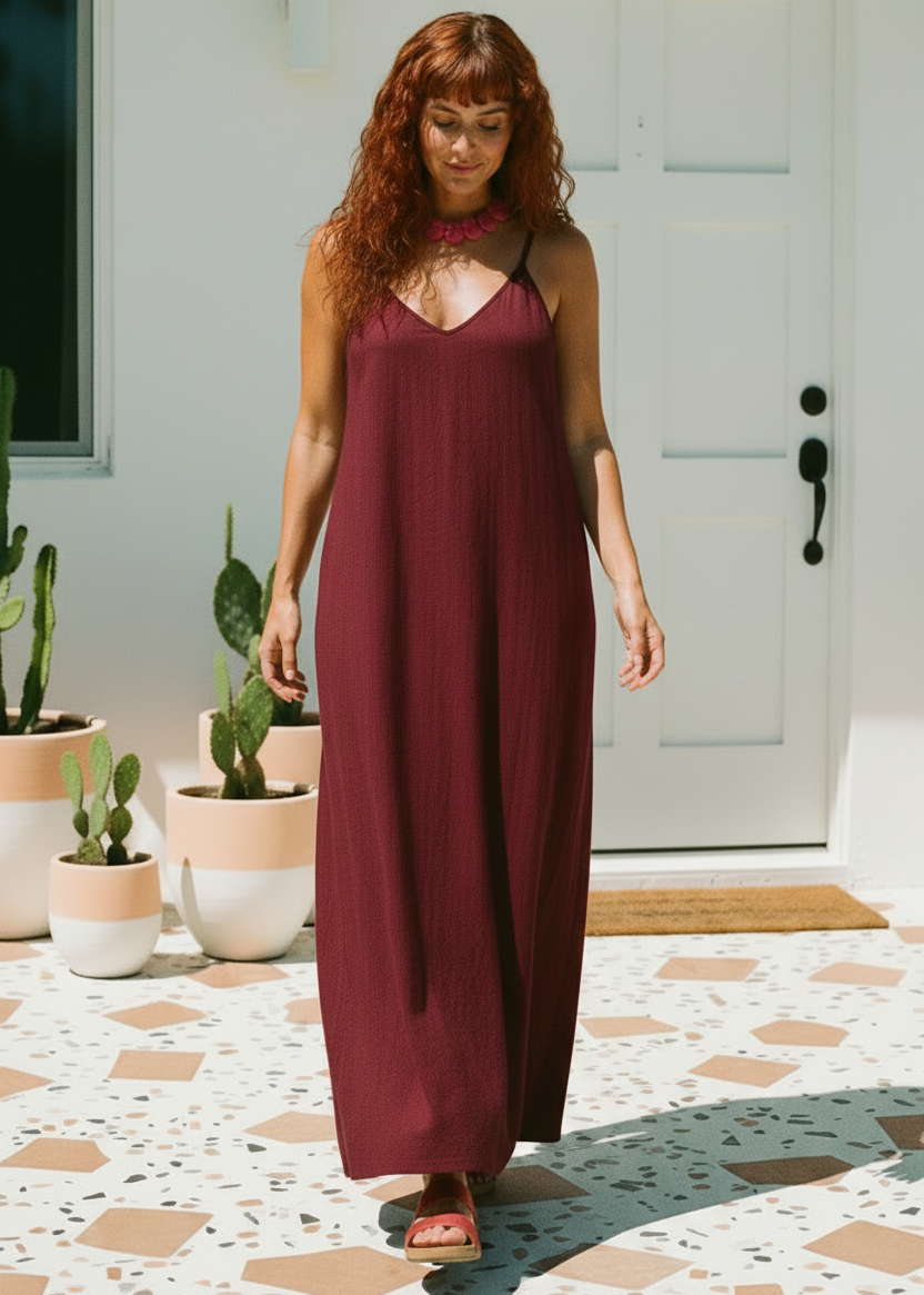 V Neck Spaghetti Strap Maxi Dress with Pockets - Wine-Zeemara
