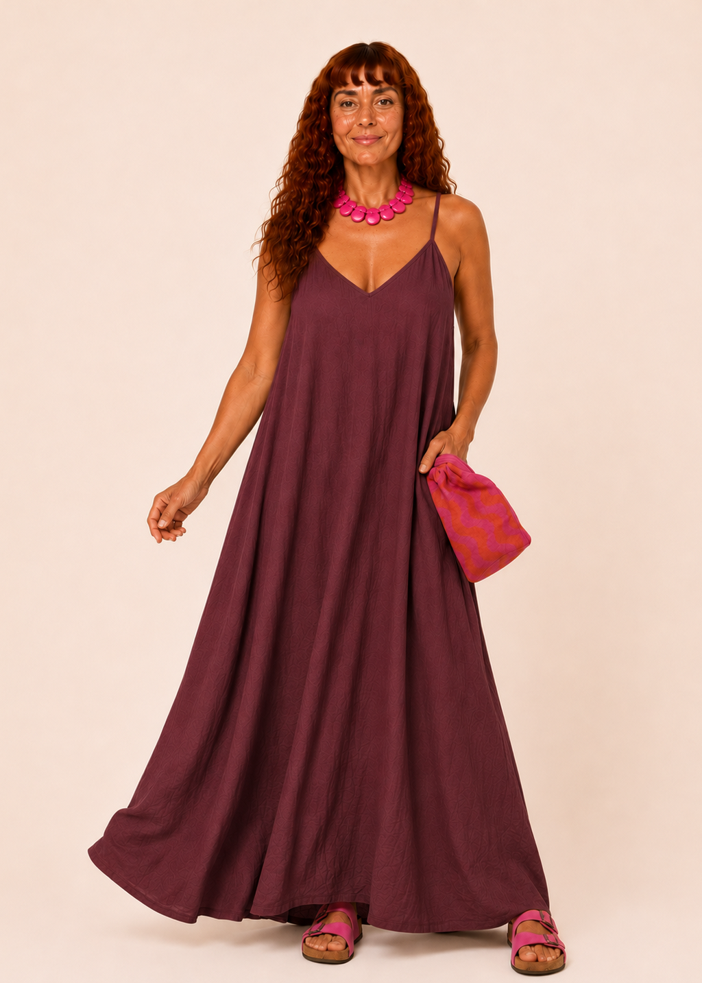 V Neck Spaghetti Strap Maxi Dress with Pockets - Wine-Zeemara