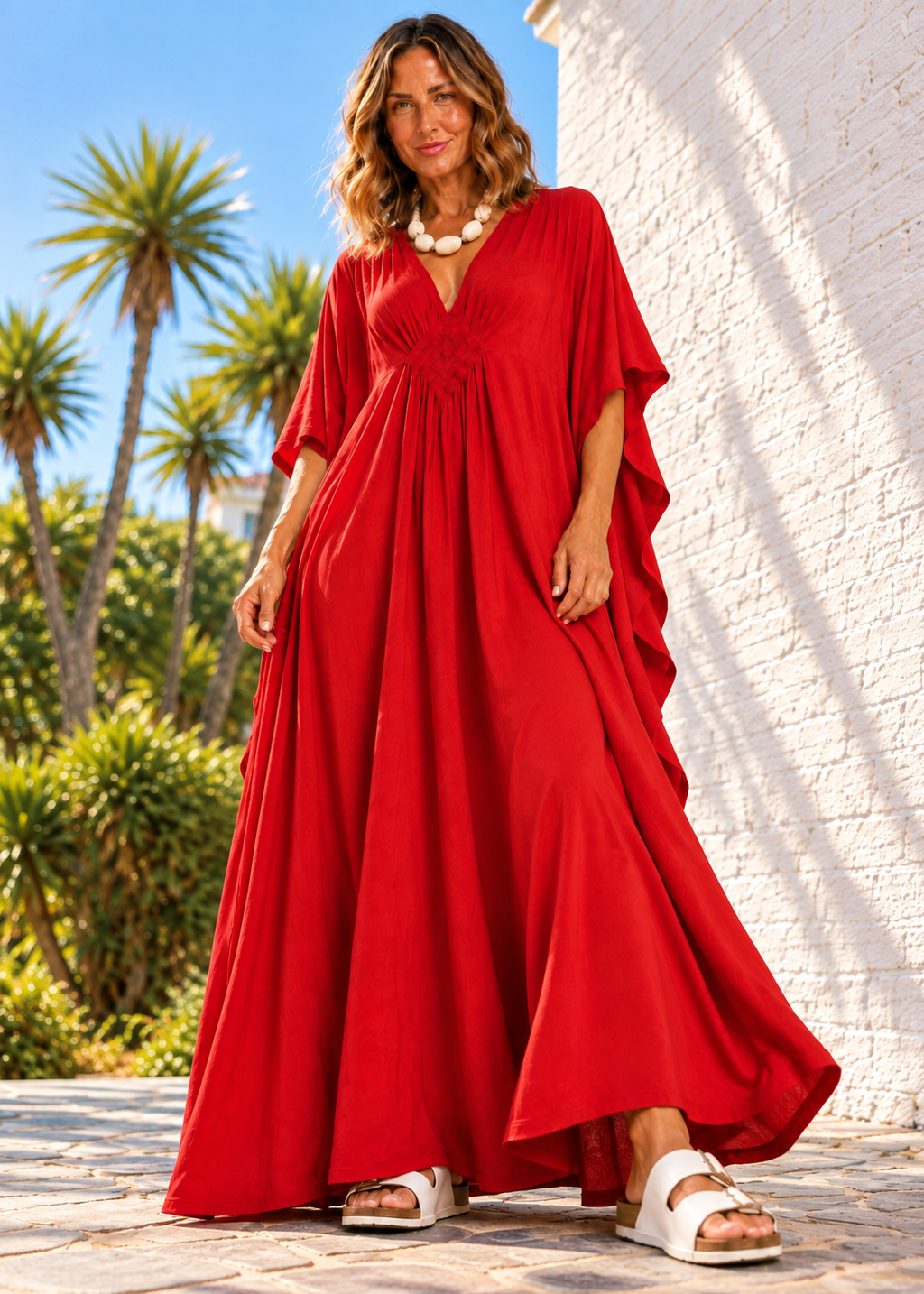 V Neck Kaftan with Diamond Pintuck - Red