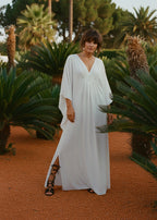 White V Neck Kaftan with Diamond Pintuck-Zeemara