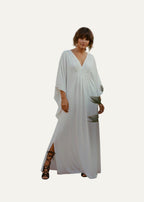 White V Neck Kaftan with Diamond Pintuck-Zeemara