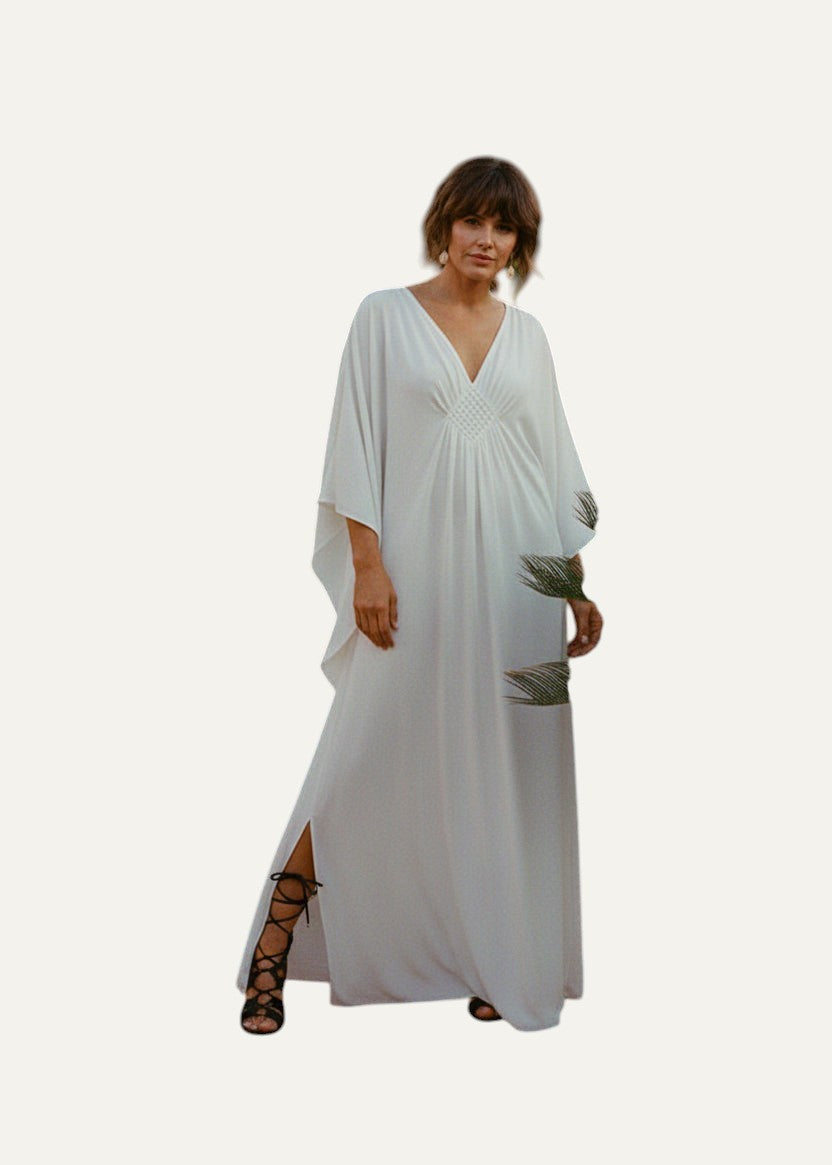 White V Neck Kaftan with Diamond Pintuck-Zeemara