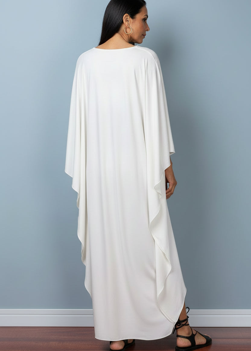White V Neck Kaftan with Diamond Pintuck-Zeemara