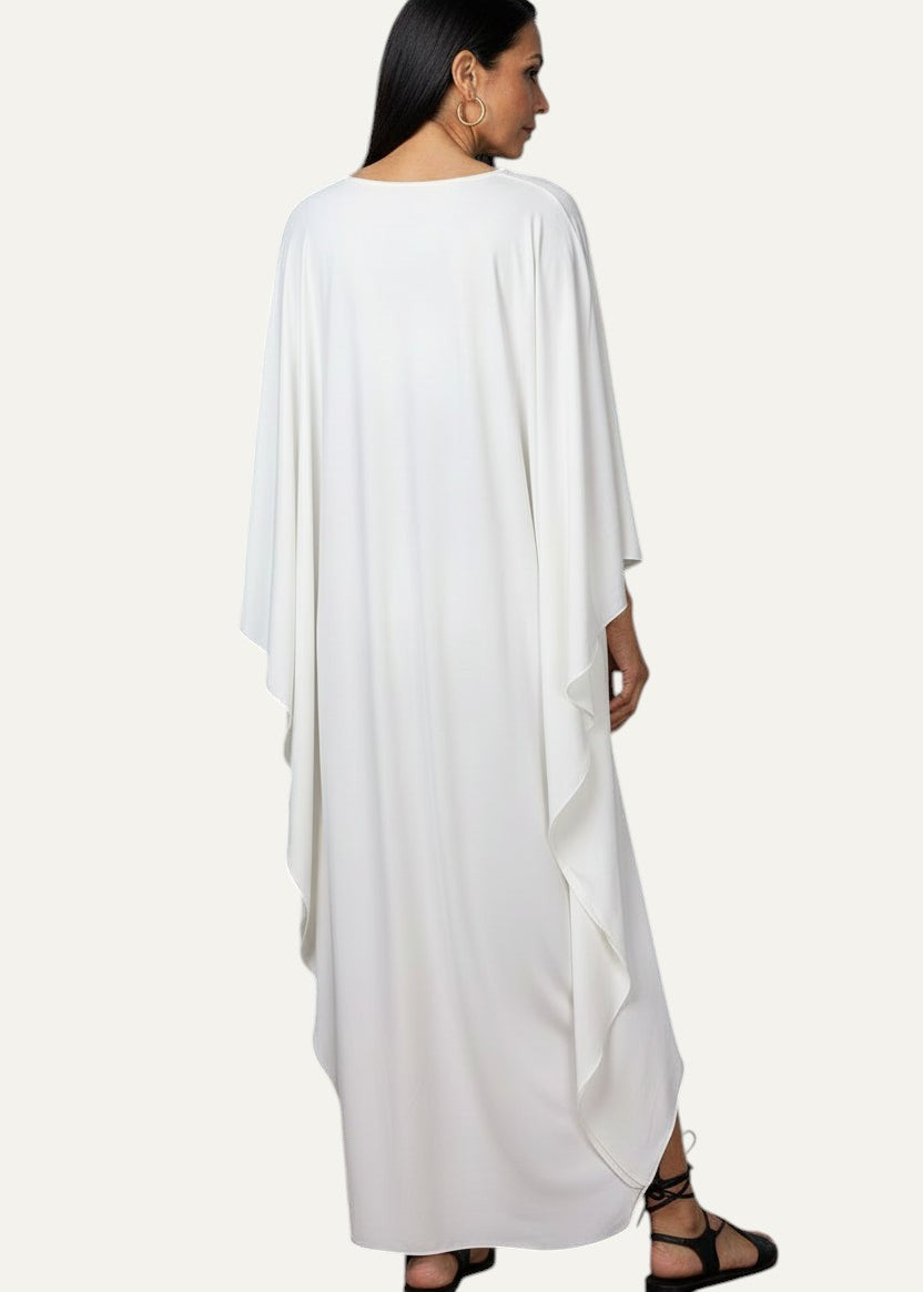 White V Neck Kaftan with Diamond Pintuck-Zeemara