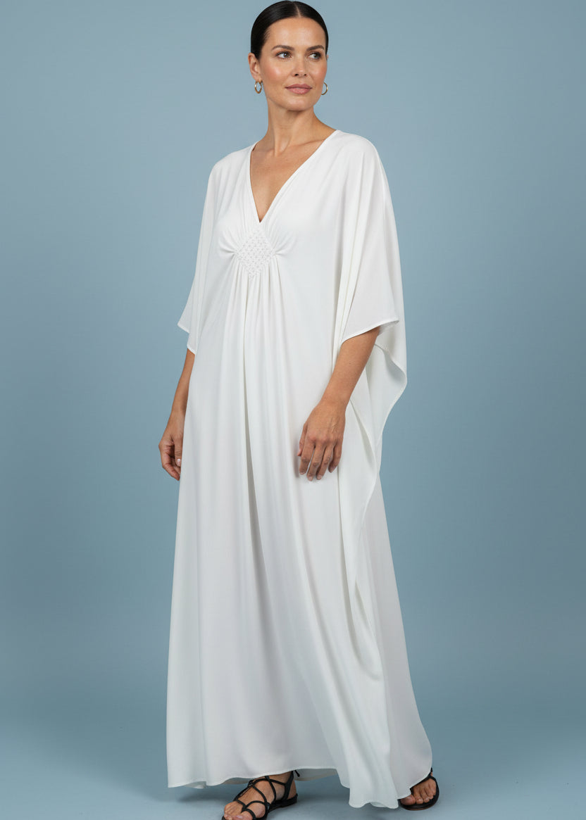 White V Neck Kaftan with Diamond Pintuck-Zeemara