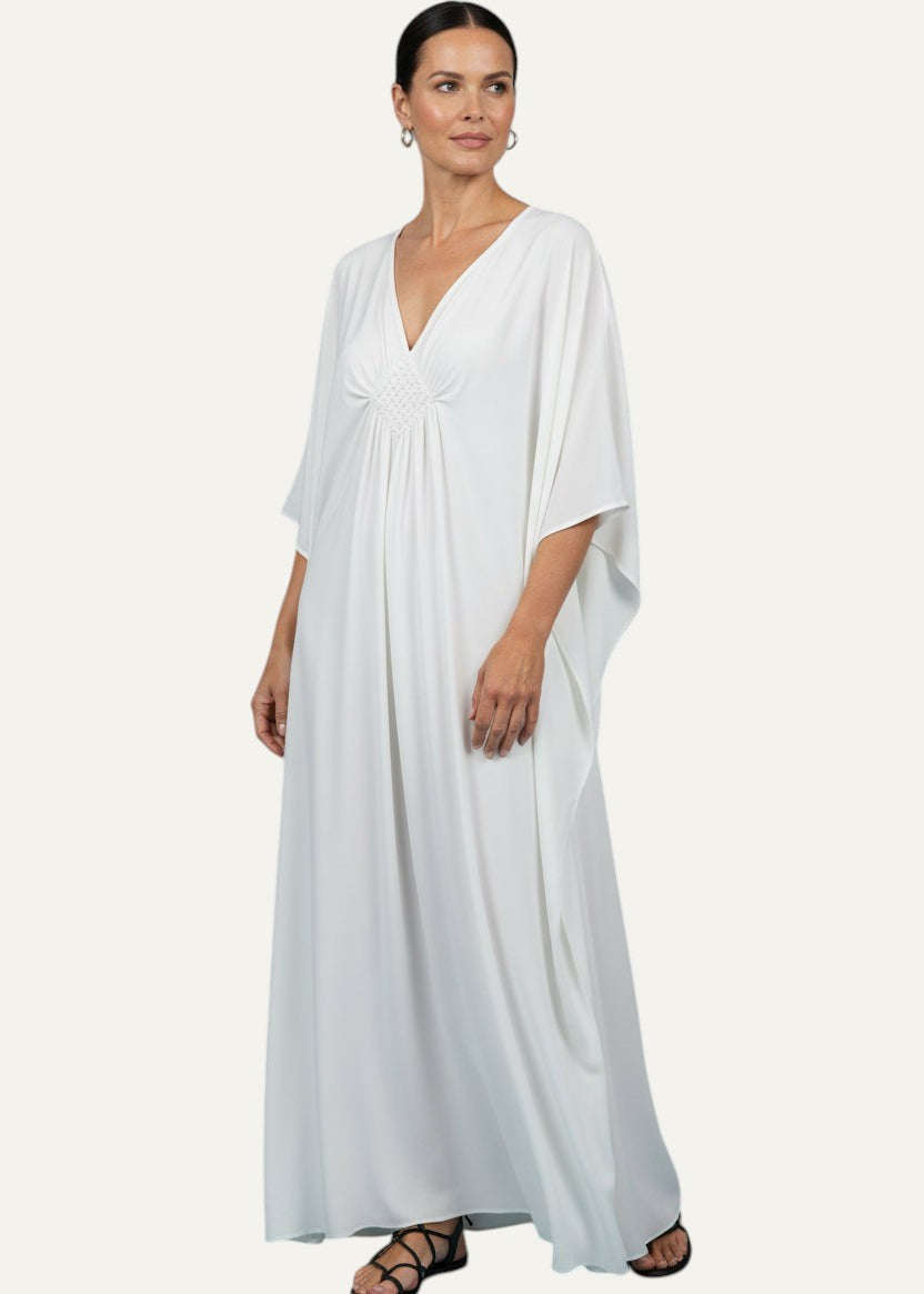 White V Neck Kaftan with Diamond Pintuck-Zeemara