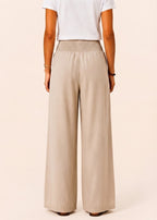 Wide Leg Pull-On Pants with Shirred Waistband & Pockets - Beige-Zeemara