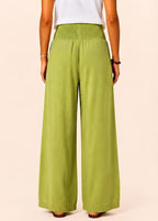 Wide Leg Pull-On Pants with Shirred Waistband & Pockets - Lime-Zeemara