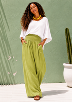 Wide Leg Pull-On Pants with Shirred Waistband & Pockets - Lime-Zeemara