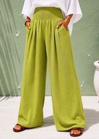 Wide Leg Pull-On Pants with Shirred Waistband & Pockets - Lime-Zeemara