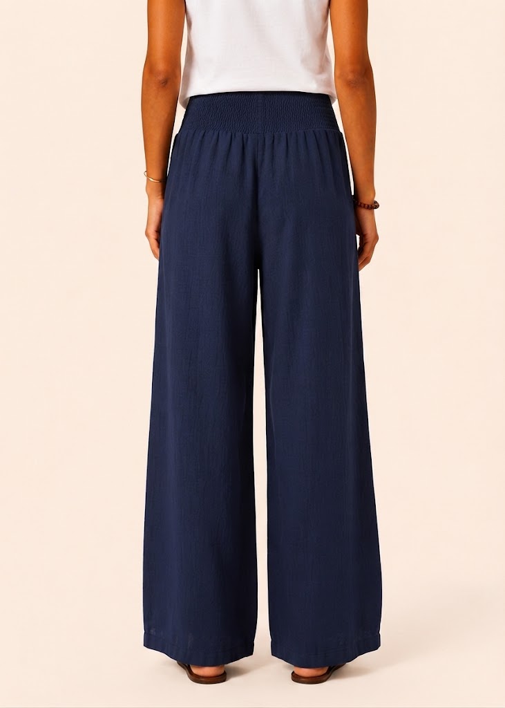 Wide Leg Pull-On Pants with Shirred Waistband & Pockets - Navy-Zeemara
