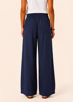 Wide Leg Pull-On Pants with Shirred Waistband & Pockets - Navy-Zeemara