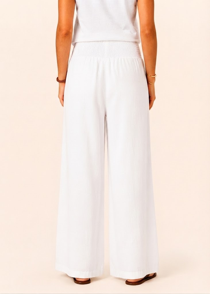 Wide Leg Pull-On Pants with Shirred Waistband & Pockets - White-Zeemara