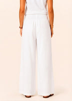 Wide Leg Pull-On Pants with Shirred Waistband & Pockets - White-Zeemara
