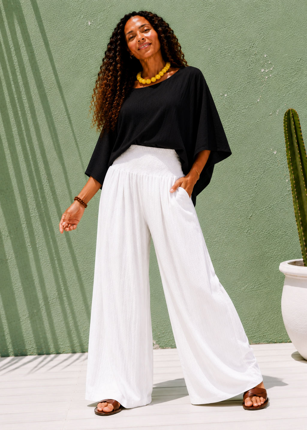 Wide Leg Pull-On Pants with Shirred Waistband & Pockets - White-Zeemara