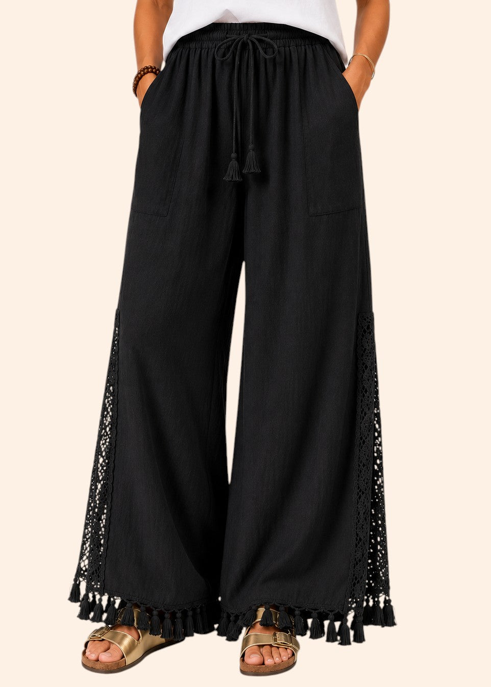 Pull On Wide Leg Pants with Crochet Detail & Pocket - Black