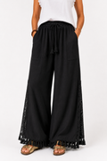 Pull On Wide Leg Pants with Crochet Detail & Pocket - Black