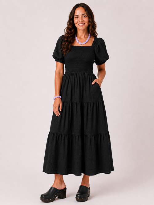 Shirred Square Neck Midi Dress with Flutter Sleeves & Pockets - Black