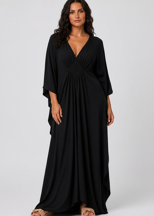 Black V Neck Kaftan with Diamond Pintuck