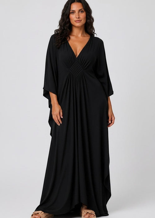 Black V Neck Kaftan with Diamond Pintuck